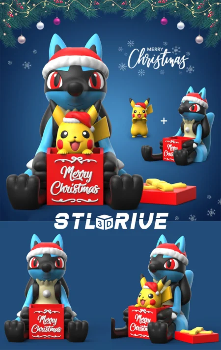 Christmas Lucario with Pikachu – Festive 3D Printable STL Model